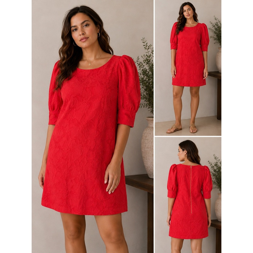 Lilly Pulitzer Knowles Shift‎ Cotton Dress XL Red Floral Jacquard Puff Sleeve